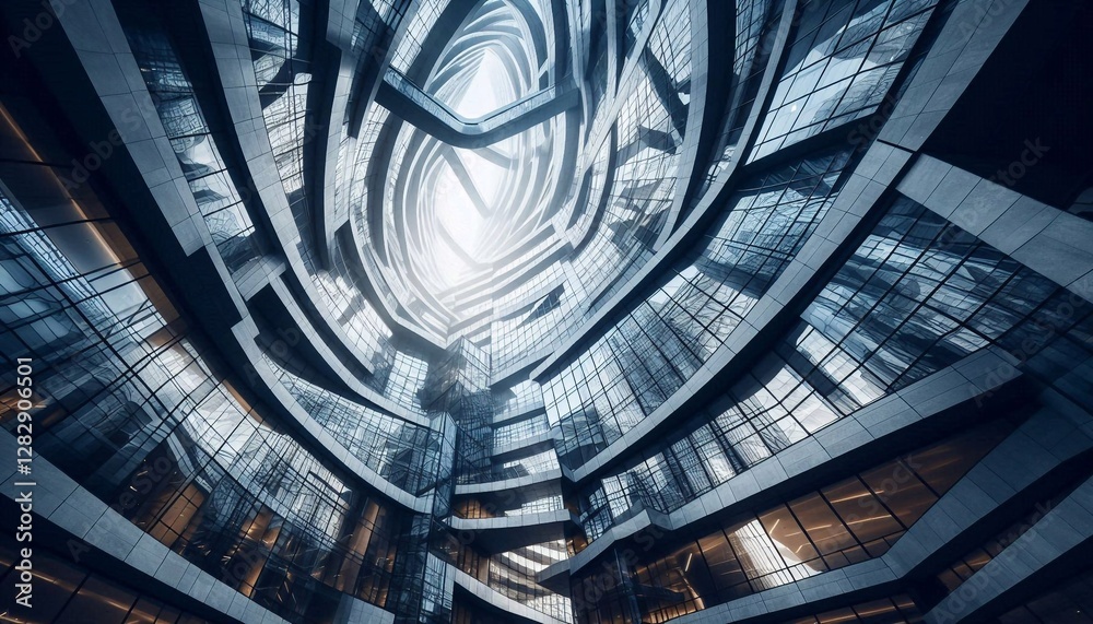 Fototapeta premium Looking up at contemporary glass and concrete structure