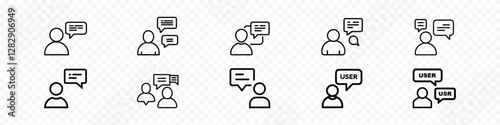 User with speech bubble icon,   teamwork icon like virtual webinar or chatroom, User Comments line icon, User and two speech bubbles with text
