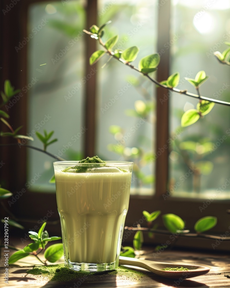 Ice matcha drink is steeped in a glass in a hot atmosphere with cream on top Generate AI Ice matcha drink is steeped in a glass in a hot atmosphere with cream on top Generate AI