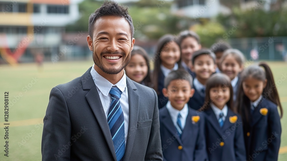 friendly elementary school teacher standing with students on outdoor playing field during a school activity as children in uniform smile and enjoy learning together friendly elementary school teacher standing with students on outdoor playing field during a school activity as children in uniform smile and enjoy learning together