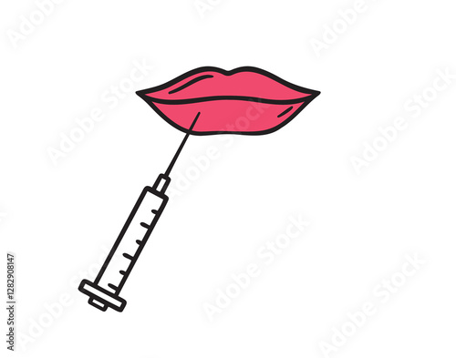 Lips and syringe doodle hand drawn icon. Outline drawing beauty lip augmentation procedure line clipart symbol