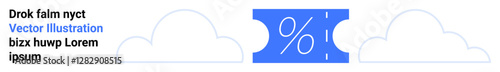 Blue coupon with percentage symbol placed between two white clouds. Ideal for online shopping, digital discounts, e-commerce, marketing strategies, cloud storage, tech-based savings, abstract line