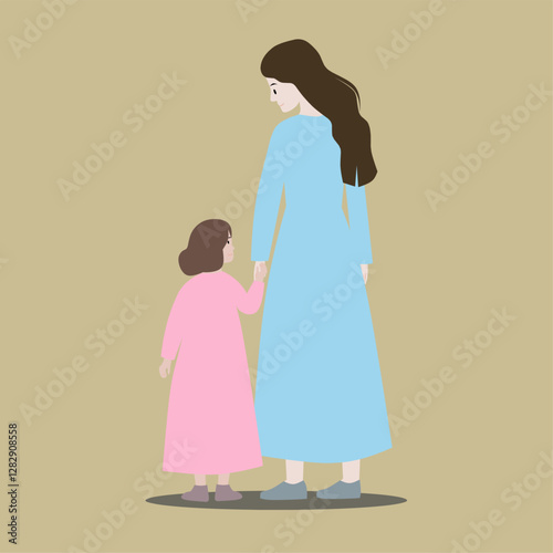 A heart-warming and elegant minimalist illustration of mother and daughter holding hands.