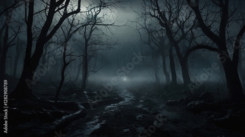 Dark Haunted Swamp: Spooky Moonlit Forest with Foggy Atmosphere photo