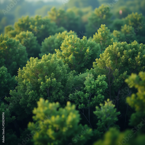Lush Green Forest Canopy in Soft Sunlight – Vibrant Nature Aerial View