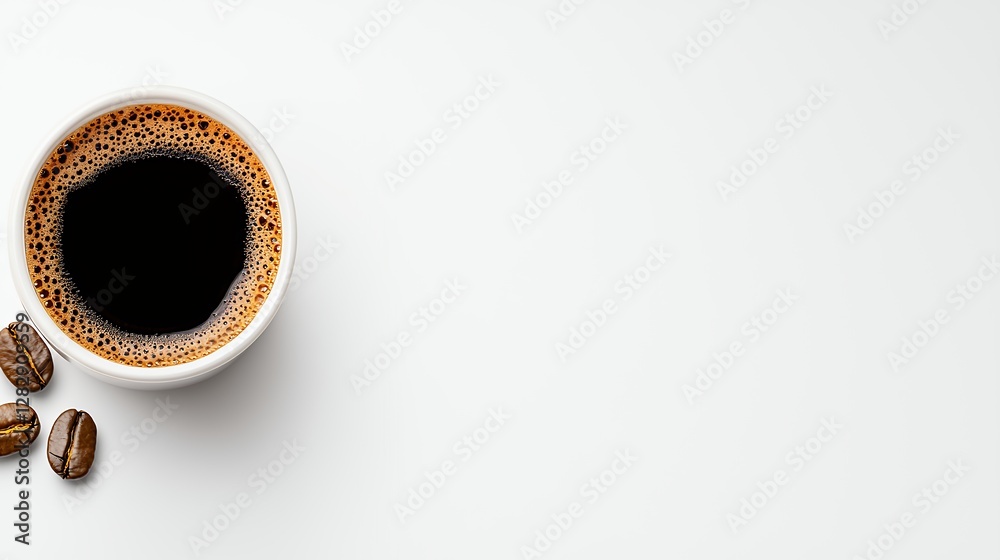 Top View of a White Coffee Cup Filled with Black Coffee and Coffee Beans on a Minimalist Surface Top View of a White Coffee Cup Filled with Black Coffee and Coffee Beans on a Minimalist Surface