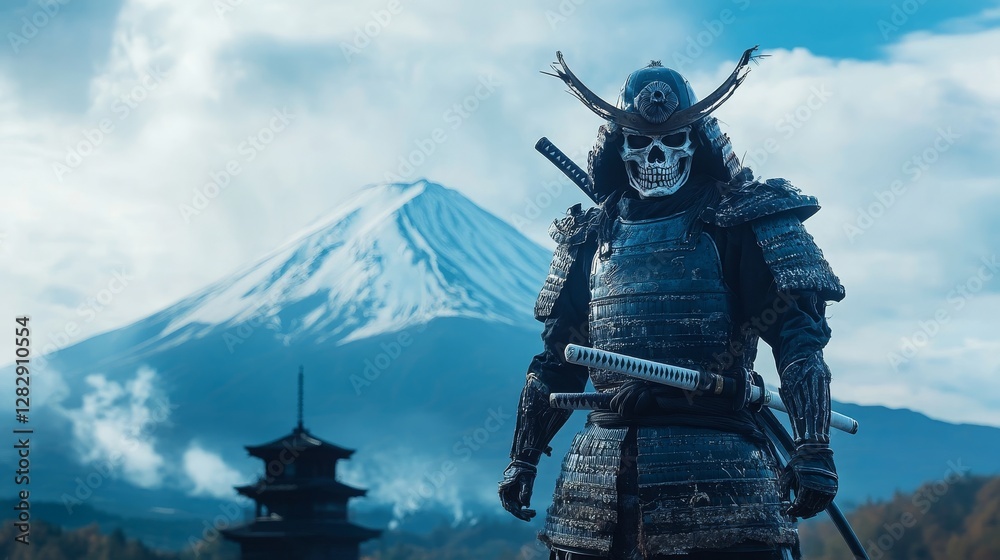 a skeleton samurai standing in front of mount fuji, 16:9 a skeleton samurai standing in front of mount fuji, 16:9