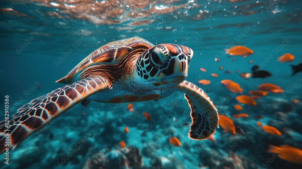 Fototapeta premium Underwater sea turtle swimming among coral reef fish