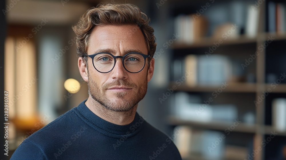 Fototapeta premium corporate executive with confident expression wearing glasses and suit posing in contemporary office with leadership attitude and career success focus