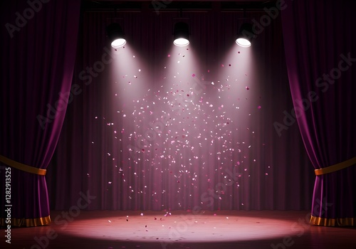Empty stage with bright pink spotlights, confetti. Ideal for celebrating star at concert award ceremony. Purple dimensional, magenta, colours, studio, theatre,dimensional effect highlights glow, shine
