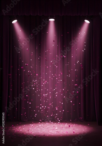Empty stage with bright pink spotlights, confetti. Ideal for celebrating star at concert award ceremony. Purple dimensional, magenta, colours, studio, theatre,dimensional effect highlights glow, shine
