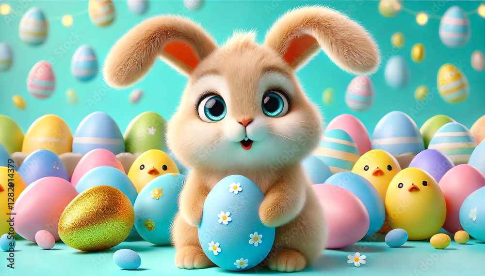 Obraz premium A cheerful and whimsical Easter-themed scene featuring a cute, wide-eyed bunny with a surprised expression