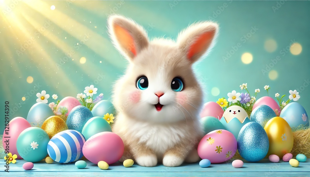 Fototapeta premium A cheerful and whimsical Easter-themed scene featuring a cute, wide-eyed bunny with a surprised expression