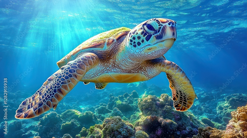 Fototapeta premium Underwater Sea Turtle Swimming Over Coral Reefs