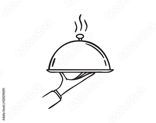 Waiter hand holding cloche serving plate doodle hand drawn icon. Outline drawing Waiter hand holding cloche serving plate line clipart symbol