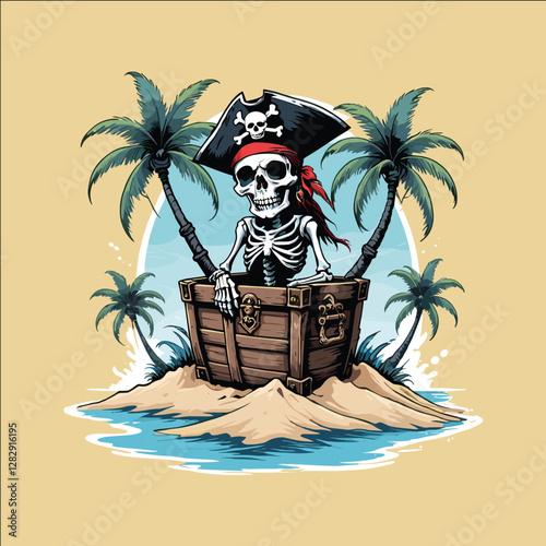A pirate skull and a parrot are sitting on a wooden chest. The skull is wearing a pirate hat and a red bandana. The parrot is perched on the skull's head