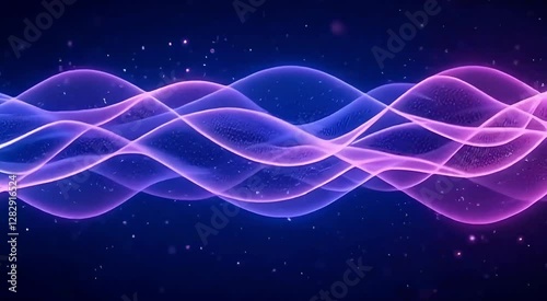 A high-tech audio visualization with pulsing soundwaves moving in sync, glowing with neon purple and blue hues.
