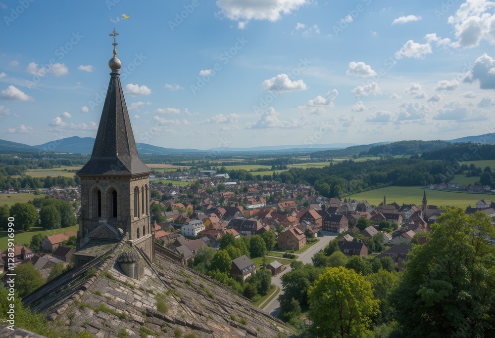Fototapeta premium Stunning view of a village with a church and rolling hills