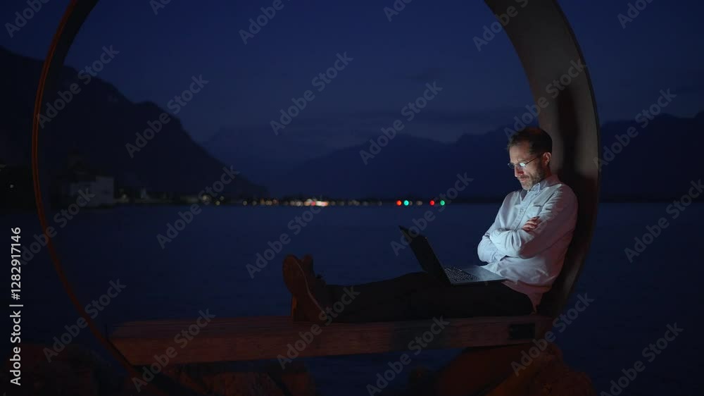 A Quiet Reflection and Deep Solitude at Night by the Peaceful Lake Under a Starry Sky A Quiet Reflection and Deep Solitude at Night by the Peaceful Lake Under a Starry Sky