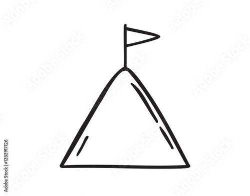 Flag on top of mountain, mission concept doodle hand drawn icon. Outline drawing flag on top of mountain line clipart symbol