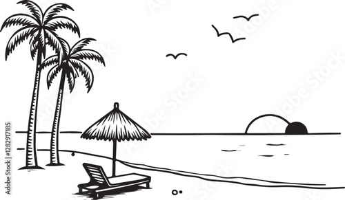 Beachfront Promenade Sketch with Palms, Chairs, and Umbrella - Seaside Relaxation Art.