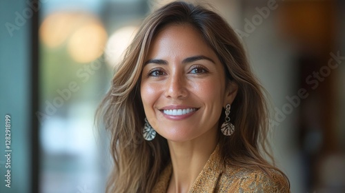 Free Download elegant hispanic corporate leader smiling in office with blurred background showcasing business confidence and leadership excellence - GFXLoad