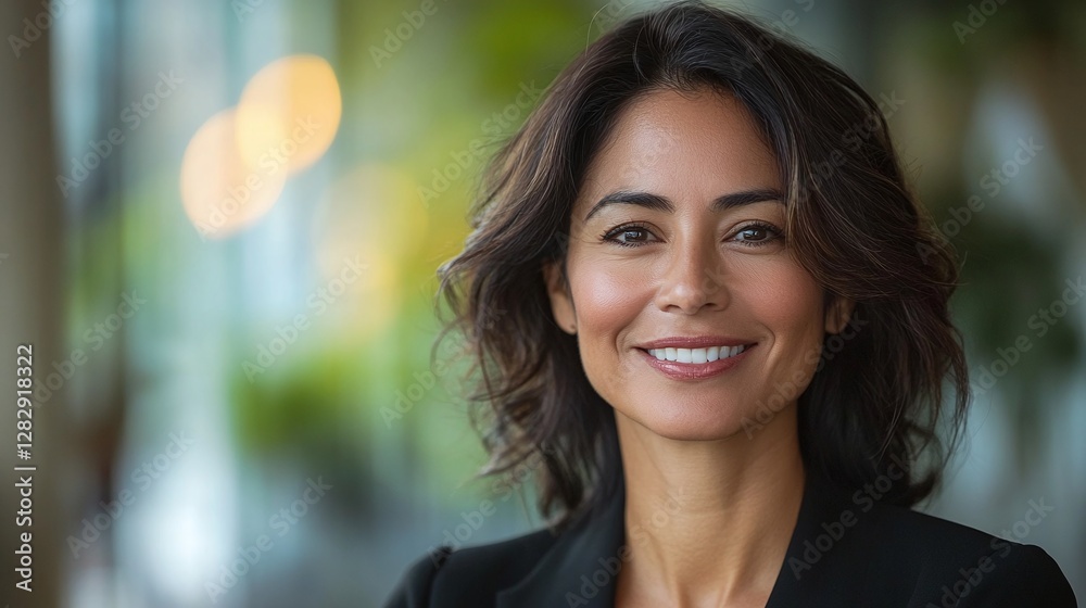 elegant hispanic corporate leader smiling in office with blurred background showcasing business confidence and leadership excellence elegant hispanic corporate leader smiling in office with blurred background showcasing business confidence and leadership excellence