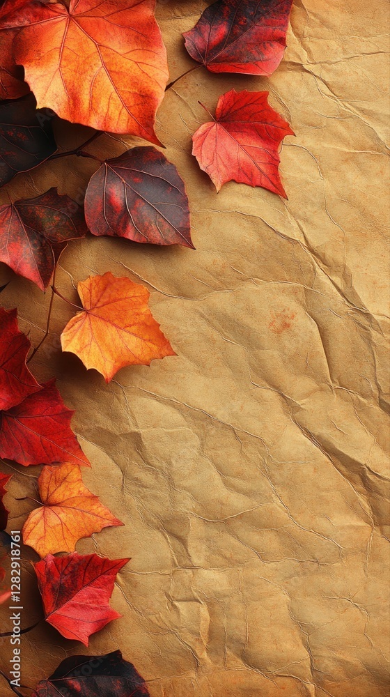 Obraz premium A beautiful arrangement of autumn leaves spread across a textured brown paper background evoking seasonal warmth