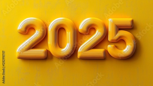 Vibrant yellow 2025 graphic element. Bold 3D numbers on a bright backdrop, perfect for New Year promos, business forecasts, or modern designs. Ample copy space included.