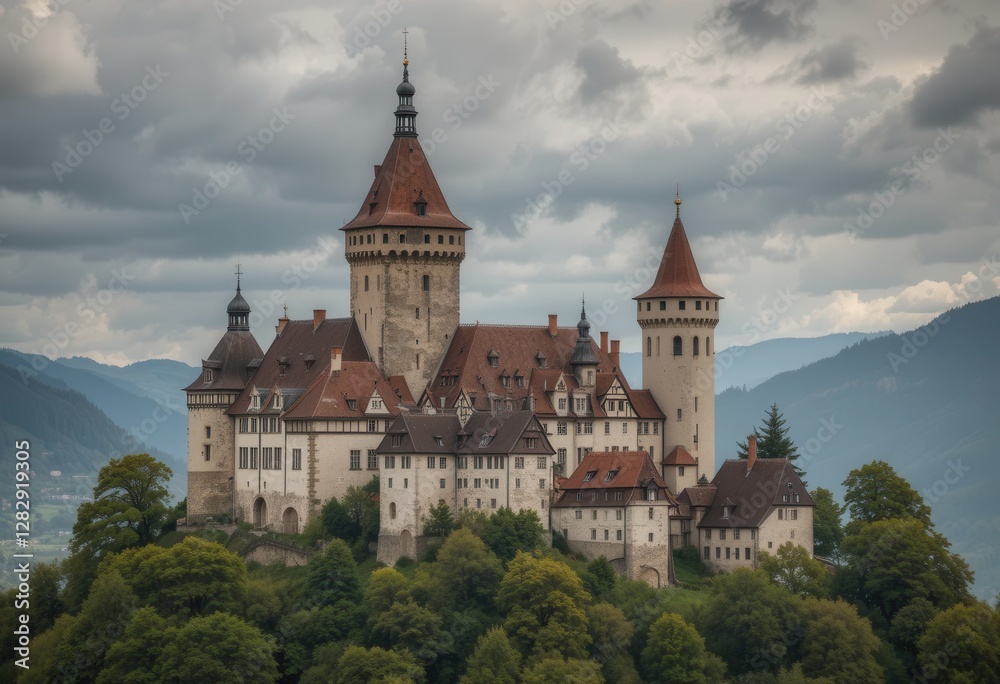 Majestic castle perched on a hillside under cloudy sky Majestic castle perched on a hillside under cloudy sky