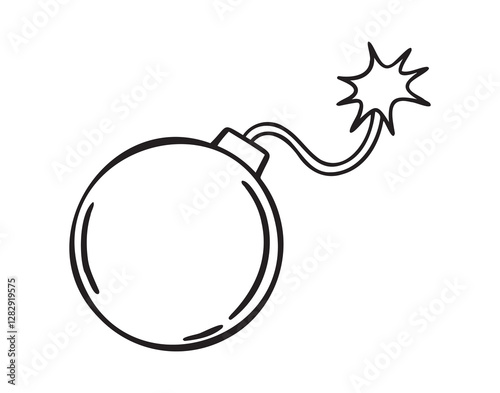 bomb with burning wick doodle hand drawn icon. Outline drawing bomb with burning wick line clipart symbol