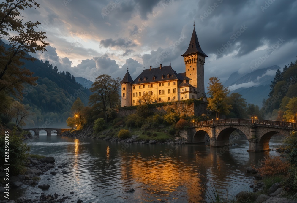 Castle reflecting on river during twilight in a picturesque landscape Castle reflecting on river during twilight in a picturesque landscape