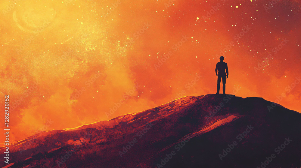 A lone figure stands atop a mountain under a bright sky A lone figure stands atop a mountain under a bright sky
