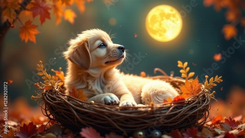Golden Puppy Nestled in Autumn Leaves Underneath a Harvest Moon