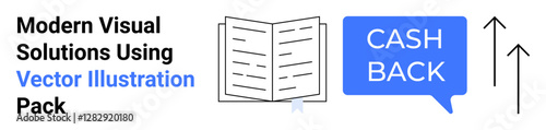 Open book symbolizing knowledge, cashback speech bubble for financial perks, and upward arrows for growth. Ideal for education, finance, e-commerce, business success, strategy, innovation flat
