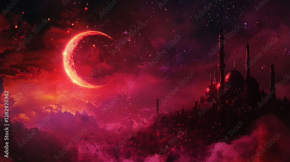 Naklejka premium A Fantastic Image of a Mosque and a Beautiful Crescent Moon