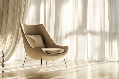 Stylish lounge setting, modern armchair with curved lines, empty white backdrop, sunlight filtering through sheer curtains, ultra HD, hyperrealistic details
