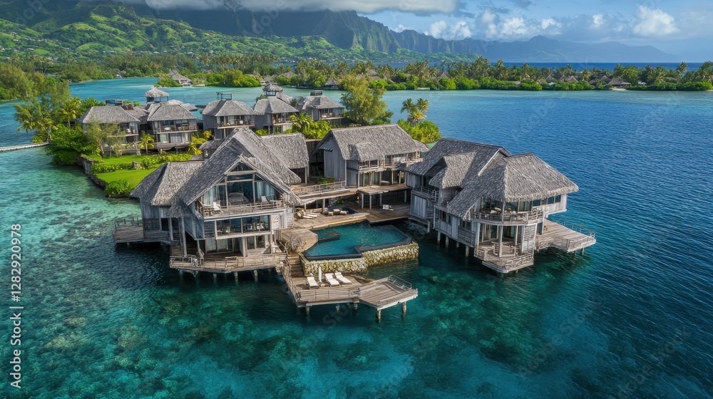 Overwater bungalows nestled in a tranquil tropical lagoon Overwater bungalows nestled in a tranquil tropical lagoon