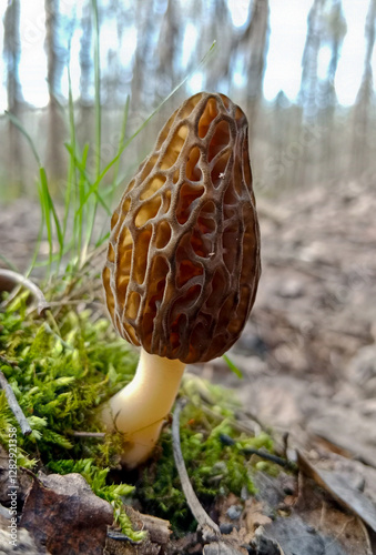 Morchella is a delicacy mushroom. It grows in the forest in spring. The mushroom is brown. photo