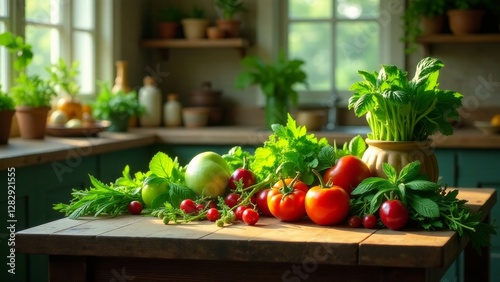 Sunlit kitchen table displays vibrant assortment of freshly harvested garden vegetables and herbs