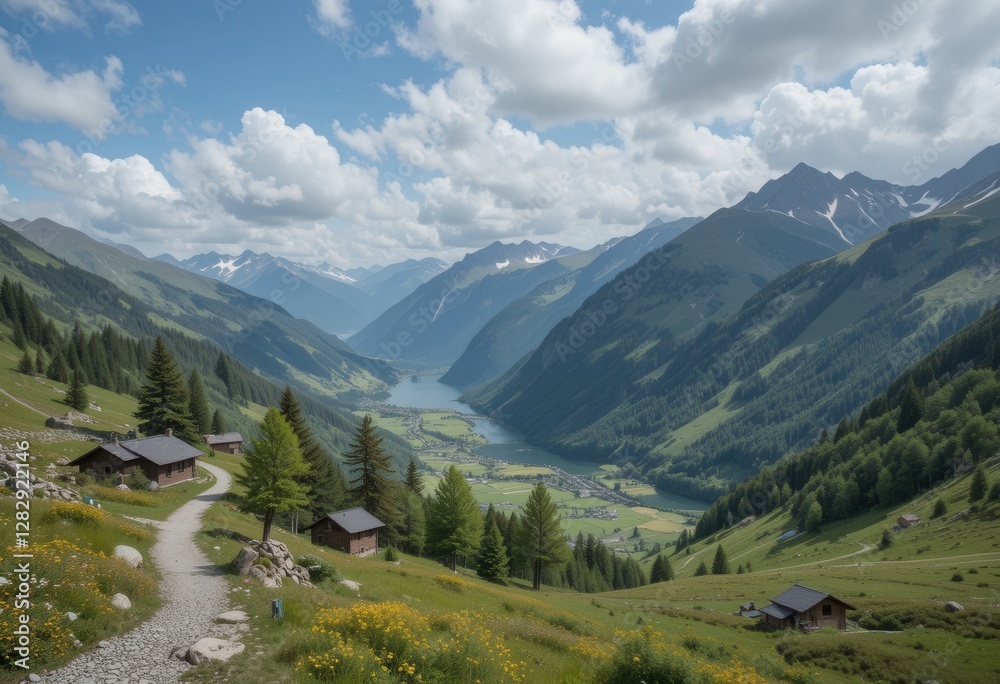 Fototapeta premium Scenic mountain valley surrounded by lush greenery and clouds