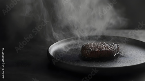 81. A steak with deep sear marks resting on a black matte ceramic dish with misty accents