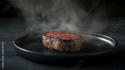 81. A steak with deep sear marks resting on a black matte ceramic dish with misty accents