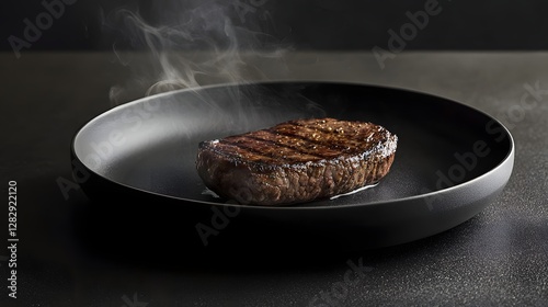 81. A steak with deep sear marks resting on a black matte ceramic dish with misty accents