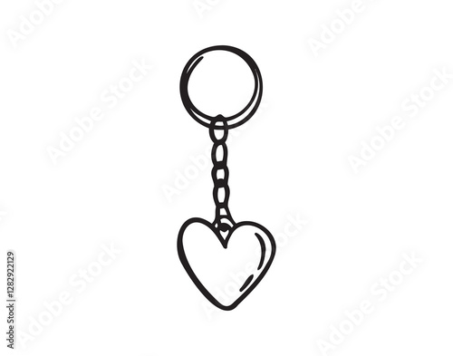 Keychain with love heart hand drawn doodle symbol, outline drawing keychain heart