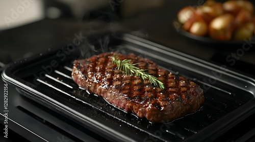 81. A steak with deep sear marks resting on a black matte ceramic dish with misty accents