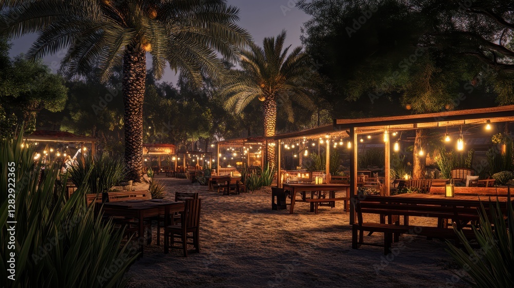 Fototapeta premium Nighttime Oasis Restaurant Underneath Palm Trees