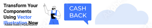 Worker in blue overalls holding tablet with cashback message, cloud icon and promotional text. Ideal for online sales, cashback systems, retail ads, digital services, fintech campaigns, cloud tech