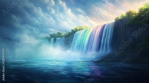 Anime-inspired Niagara Falls, vibrant water flows merging with glowing rainbow mist, soft light enhancing the ethereal ambiance, lush green cliffs framing the dramatic composition. --ar 16:9