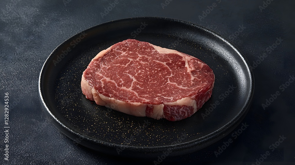 48. A prime cut steak resting on a black steel plate with soft golden highlights 48. A prime cut steak resting on a black steel plate with soft golden highlights